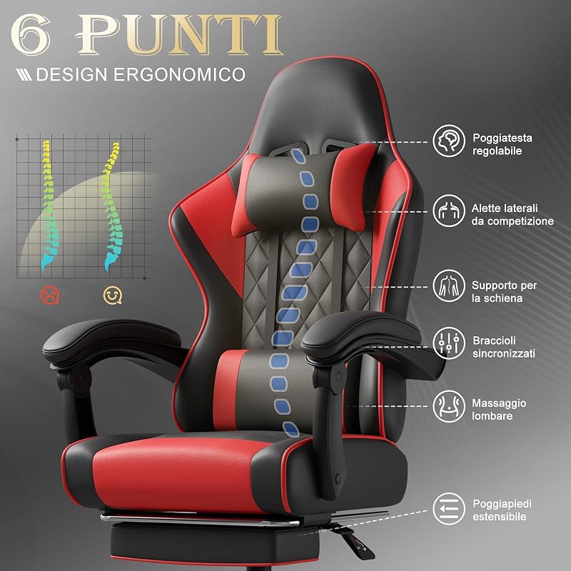 Sedia da Gaming Massaggiante,Sedia Gamer con Poggiapiedi Telescopico,Regolabile 90-150°,Poltrona da Gaming con Poggiatesta e Cuscino Lombare, Ufficio,Portata 150kg(Rosso)