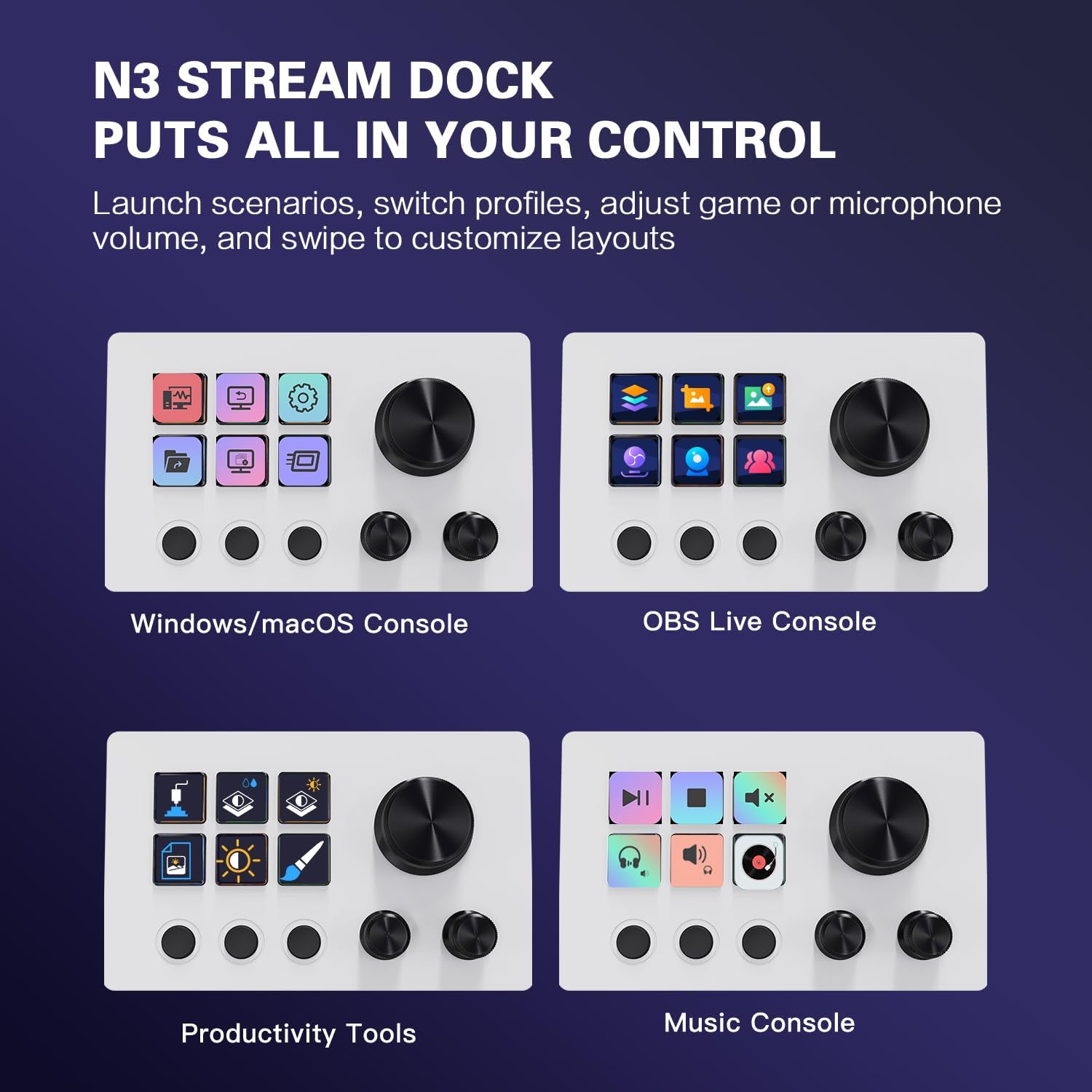 Treaslin N3 Programmierbares Stream Controller Deck mit LCD-Tasten&Drehreglern-Benutzerdefiniertes Makro-Steuerungs-Keypad für Streaming (OBS,Twitch,YouTube),Video,Gaming-Für Win&Mac 5