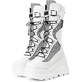 mikarka Womens Holographic Platform Mid Calf Combat Boots Lace Up Wedge Heel Studded Goth Knee High Boots