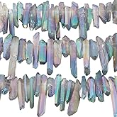 TUMBEELLUWA Rock Quartz Crystal Points Loose Beads for Jewelry Making, Titanium Coated Polished/Raw Quartz Beads 15 Inches Top Drilled,Grey Crystal Points(0.45"-1.35")