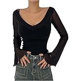 SOLY HUX Women's Off The Shoulder T Shirt Mesh Bell Long Sleeve Slim Fitted Tee Going Out Tops