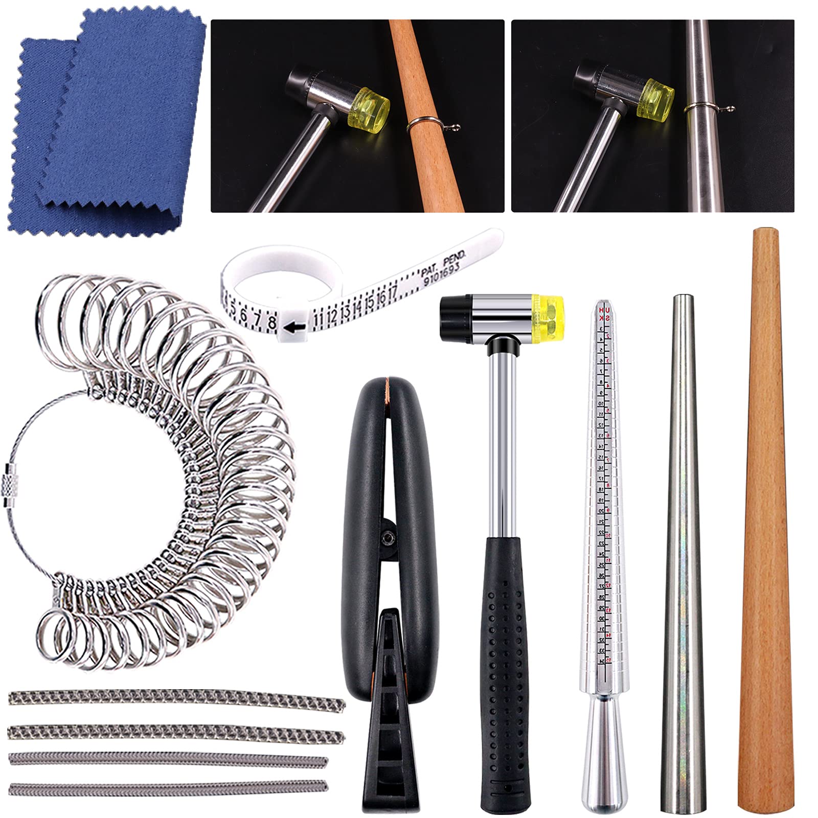 Wokape 12Pcs Ring Sizer Measuring Tool Kit, Including Ring Mandrel, Ring Gauge Finger Sizer, White (1-17) Ring Sizer, Jewelry Hammer, Ring Clamp, Ring Size Adjusters with Polishing Clothes