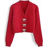 CHICWISH Women Crop Cardigan Sweaters Bowknot Brooch Button Knit Cardigans Open Front Long Sleeves Sweater Tops