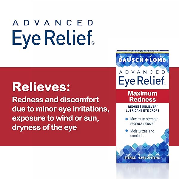 BAUSCH + LOMB ADVANCED EYE RELIEF, MAXIMUM REDNESS RELIEVER AND LUBRICANT EYE DROPS, SOOTHES BURNING & IRRITATED DRY EYES, MOISTURIZES & COMFORTS, 0.5 FL OZ (PACK OF 6)