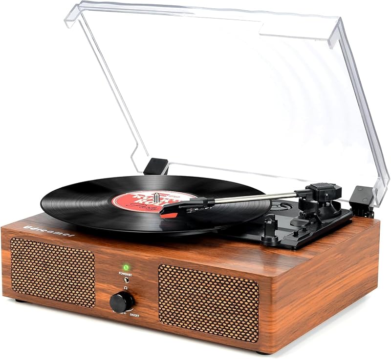 Udreamer Vinyl Record Player Turntable with Built-in Speakers 3 Speed Brown