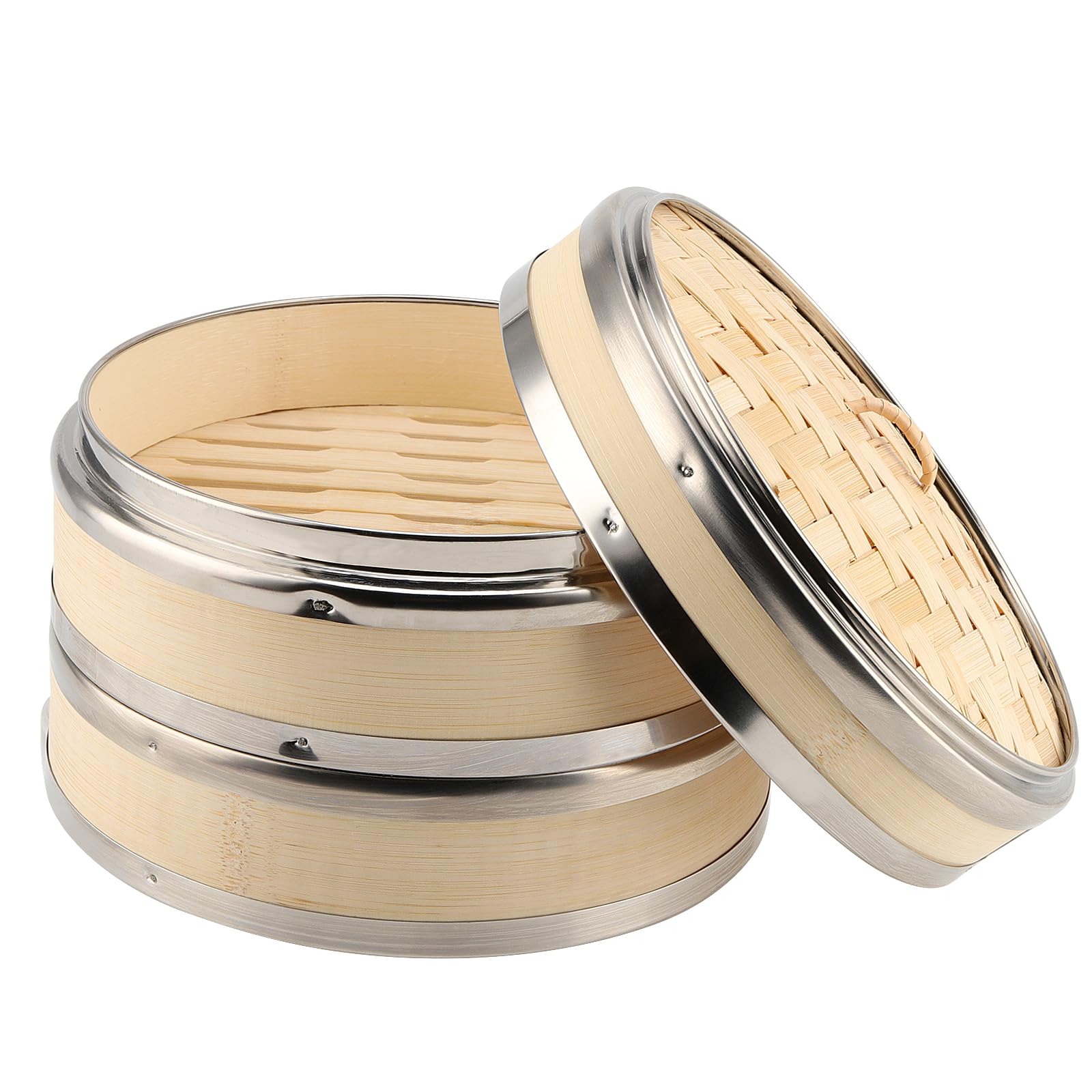 DAKFOOK 20cm 2 Tier Bamboo Steamer, Steel Banded Dumpling Steamer Basket with Lid for Dim Sum, Vegetables, Dumpling, Rice Cakes, Fish, Seafood