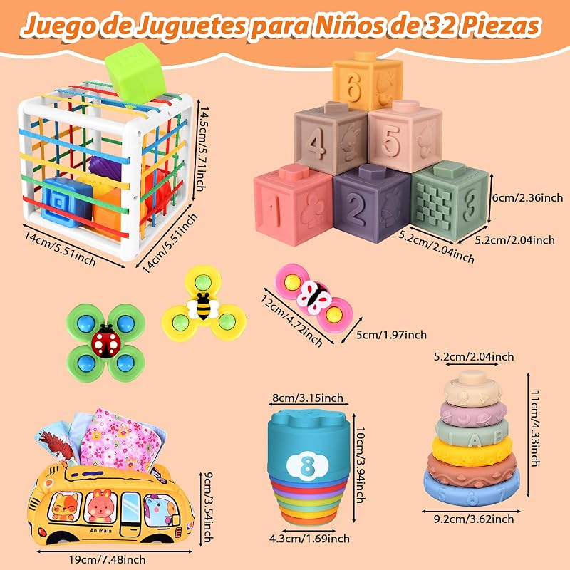 Brinquedos Montessori 6 em 1 para bebé, brinquedos para bebés dos 6 aos 12 meses, blocos de construção empilháveis, caixa de lenços, brinquedos Montessori para crianças pequenas a partir dos 12 aos 3 anos, oferta