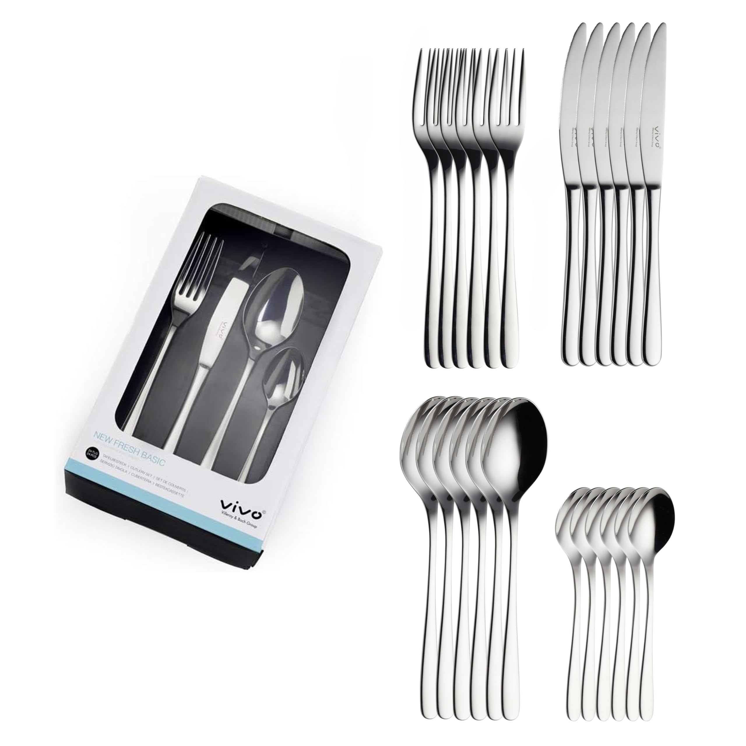 vivo - Villeroy & Boch Group - New Fresh Basic Cutlery Set 24 Pieces for 6 People, Dishwasher Safe, Rustproof, Knife, Fork, Spoon, Luxury Cutlery Set, Dinner, 18/10 Stainless Steel