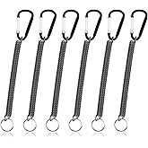 6 PCS Black Fishing Lanyards, Heavy Duty Retractable Coiled Lanyard Spring Coil Cord Keychain, Fishing Tool Tether Steel Wire Coiled Lanyard with Keychain for Pliers Boating Kayak Pliers Boating