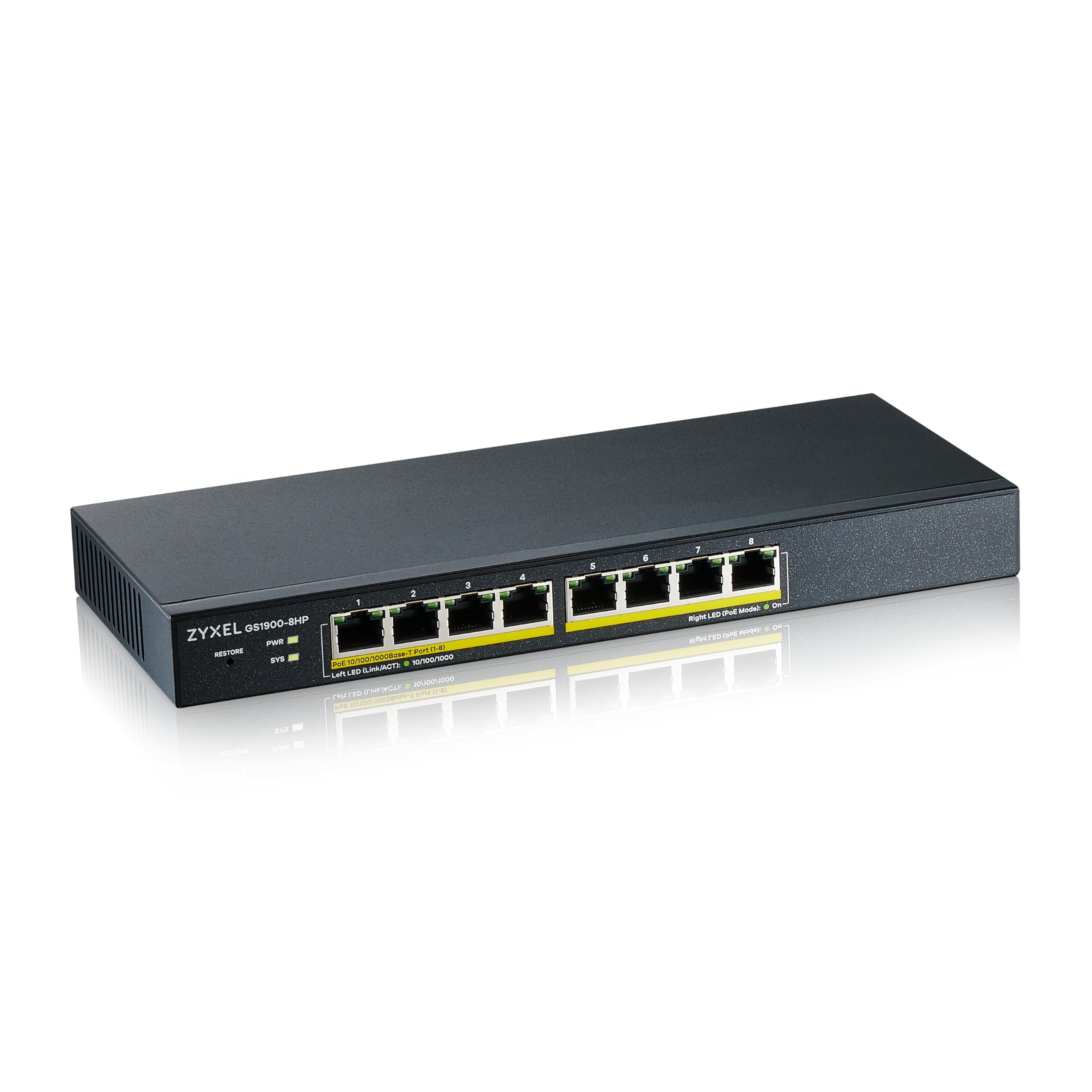 Zyxel 8 Port PoE Switch | Smart Managed | Gigabit Network Ethernet Switch | 8x GbE PoE+ with 77W Budget | Desktop or Wall Mount | Fanless | Power Adapter Included | GS1900-8HP