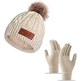 Borwada Womens Winter Hats and Gloves Set Gifts, Warm Knit Touchscreen Gloves Beanie Caps With Pom Pom