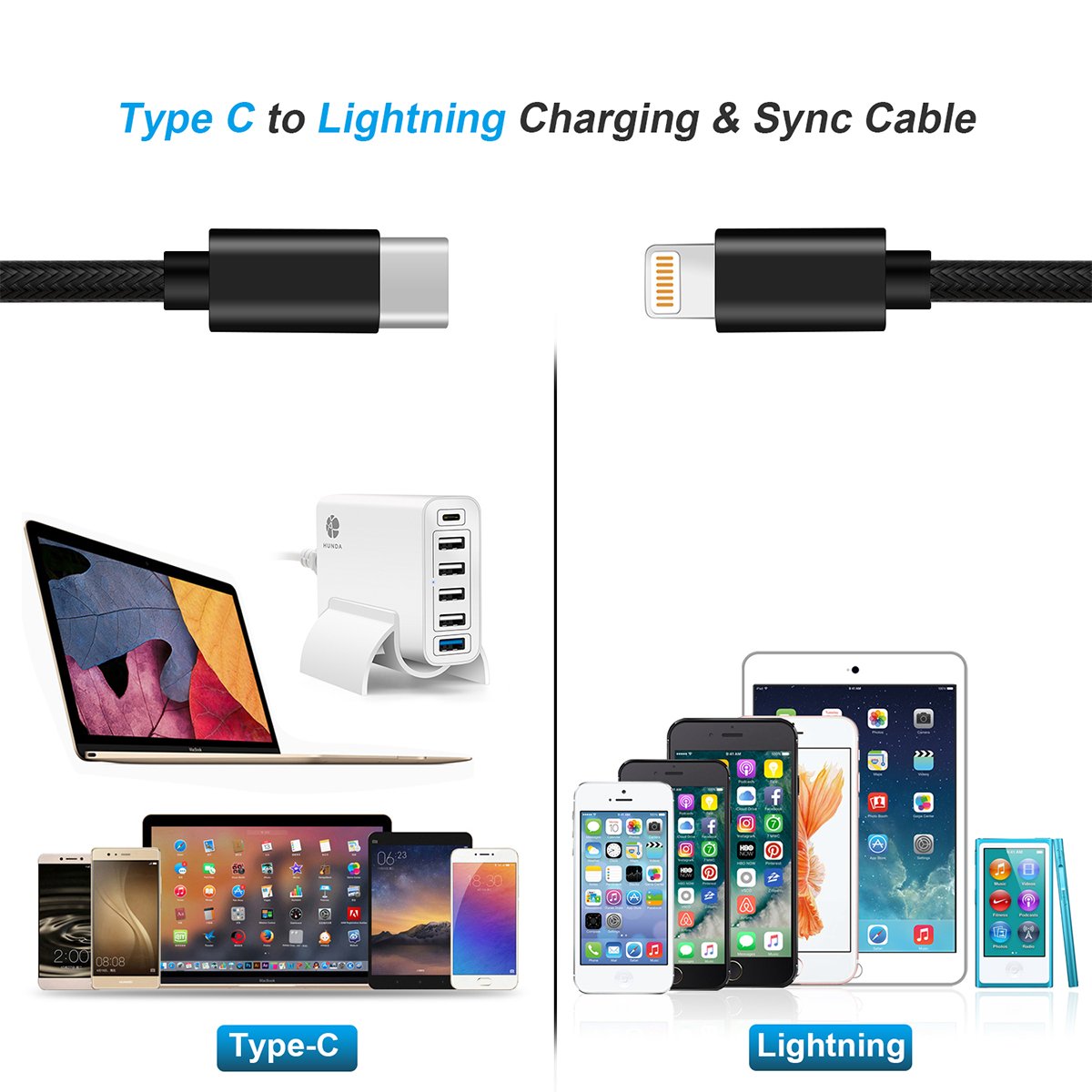 Câble USB Type C vers Lightning,Hunda [Lot de 2] 1m Câble de Donnée pour iPhone iPad Connecteur Apple Macbook 2015,Macbook pro 2016,Google Chromebook,HP Pavilion X20,Nokia N1 Tablette et plus