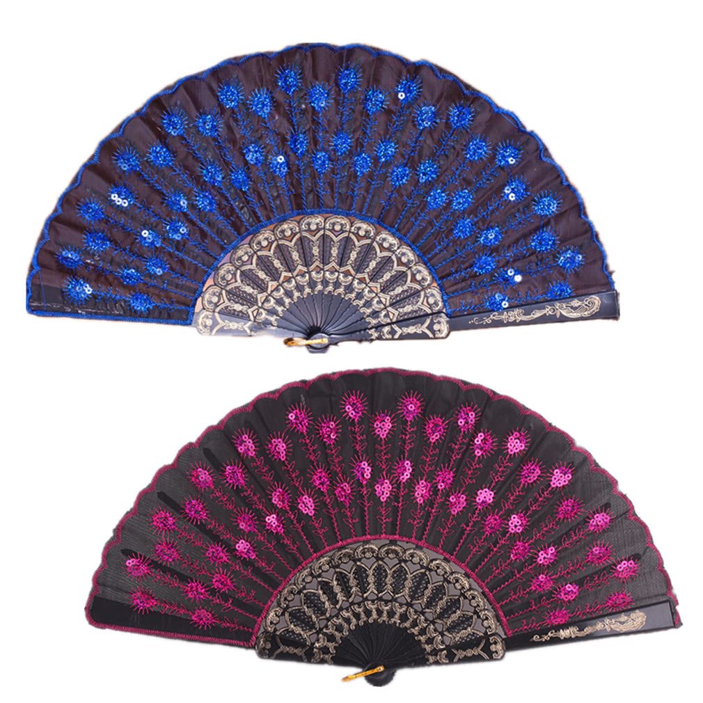 Morices 2 Pcs Sequin Folding Fans, Elegant Embroidered Flower Peacock Pattern Handheld Fan, Decorative Hand Fans for Dancing Wedding Party Favors Gift Wall Hanging Decoration (Dark Blue + Rose Red)