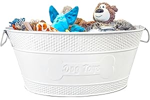 BREKX Metal Indestructible Dog Toy Bin - White Modern Galvanized Storage Bin with Handles, Organizer Storage Basket for Pet Toys, Blankets, Leashes - Hammered Bone Design Home Decor (15 Quart)