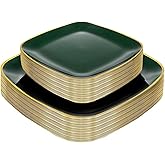 bUCLA 50PCS Green and Gold Plastic Plates - Green Gold Square Plastic Disposable Include 25 Each (Dinner & Dessert) Plates, Ideal for Party & Christmas
