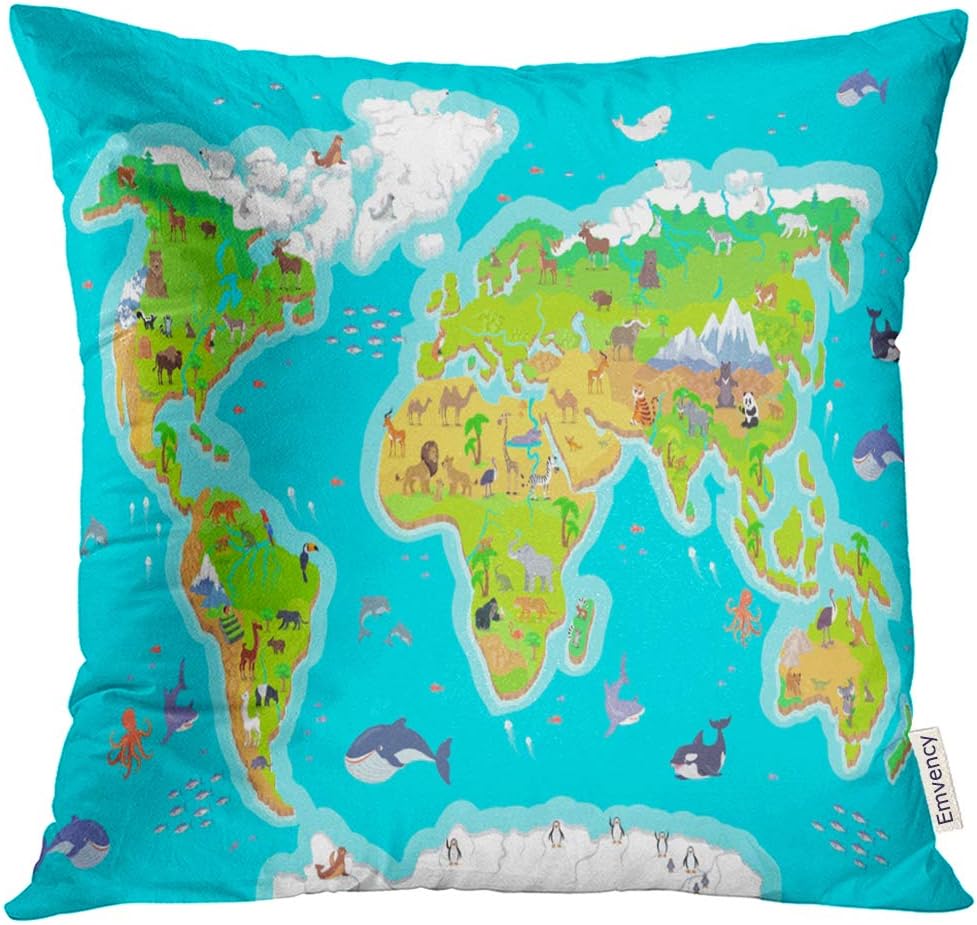 Golee Throw Pillow Cover World Geographical Map with Flora and Fauna Animals of Land Oceans North and South America Europe Asia Decorative Pillow Case Home Decor Square 20x20 Inches Pillowcase