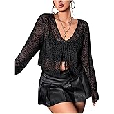 WDIRARA Women's Plus Size Leopard Tie Front Cardigan V Neck Long Sleeve Sheer Crop Tops