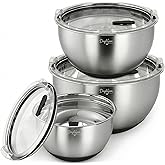 Dayliyum Mixing Bowls with Airtight Lids Set, Clear Lid with Valve, Stainless Steel Nesting Bowl Set, 3PCS Bowls(1.5/3/5 QT), Measurement Marks, Non-Slip Silicone Base, Food Prep & Storage