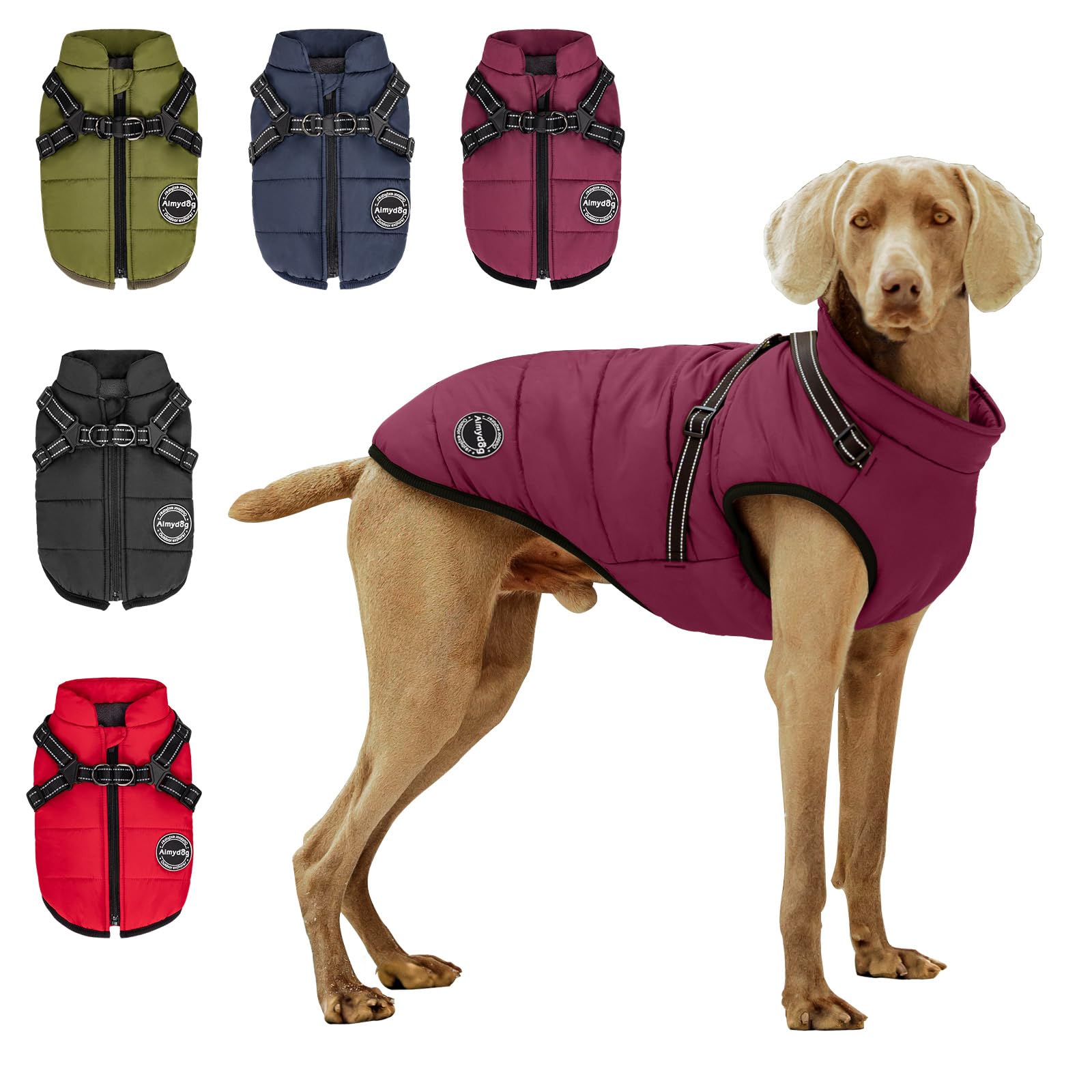AIMYDOG Winter Coat, Warm Jacket Reflective Adjustable Fleece Vest With Harness Built-In, Waterproof Windproof Snow Jacket Snowsuit With Zipper for Small Medium Dogs, Purple XL