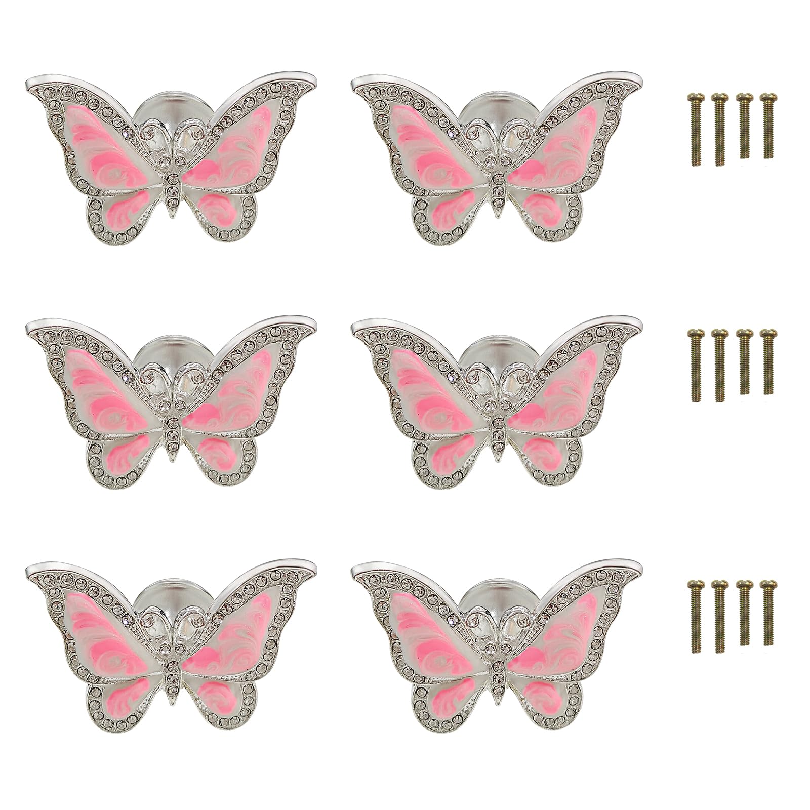 BAMI-LEE House Butterfly Cupboard Knobs,6 pcs Hand-Painted Butterfly Cabinet Knobs Drawer Pull Handle for Decorative Drawers, Wardrobes, Cabinets (Pink)