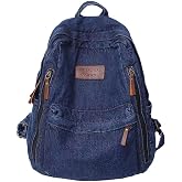 KAOBIO Denim Backpack for Women Men Vintage Grunge Backpack Blue Jeans Laptop Backpack Retro Rucksack for Travel Work (Navy,One Size)