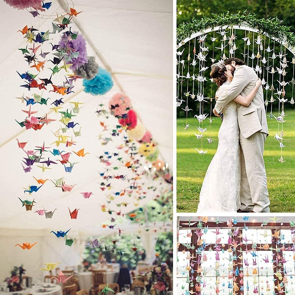 200Pcs 10 Strings Rainbow Origami Paper Crane Premade Paper Garlands for Rustic Wedding Party Decorations Origami Cranes Folded Birds Party Streamers Peace Dove-Happiness Good Luck
