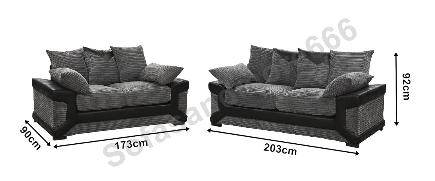 Dino Black Grey Fabric Jumbo Cord Sofa Settee Couch 3 2 Seater