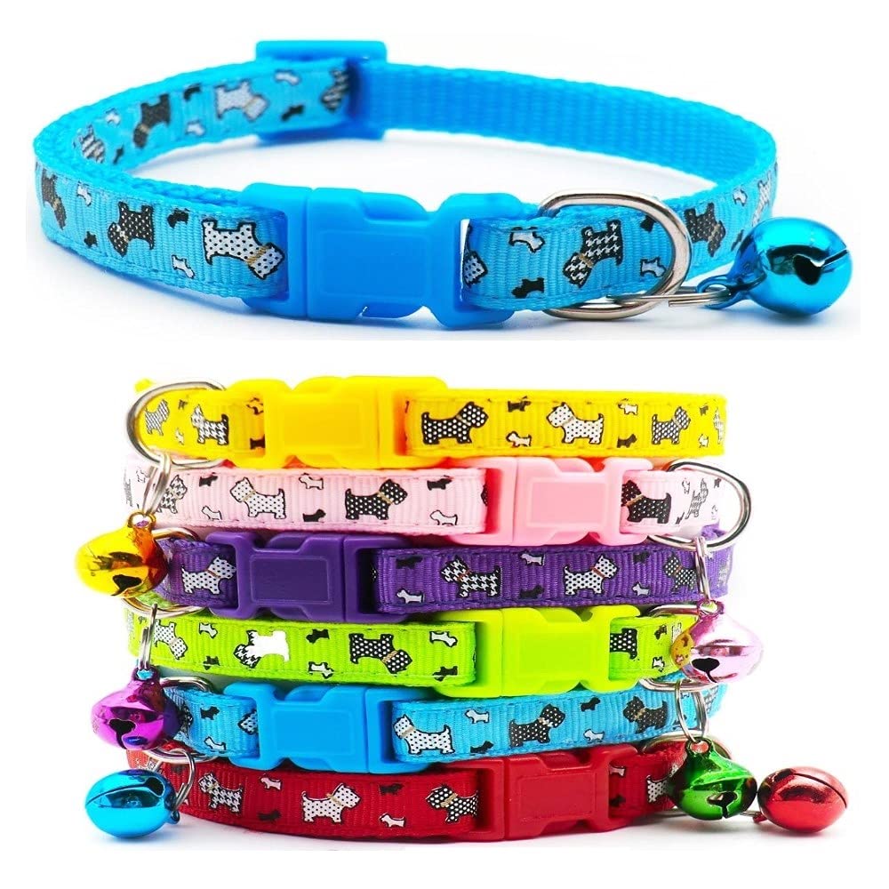 Small Dog Puppy Pet Collar Scotty Dogprint Design with Bell Nylon Adjustable Size 19-32cm Blue