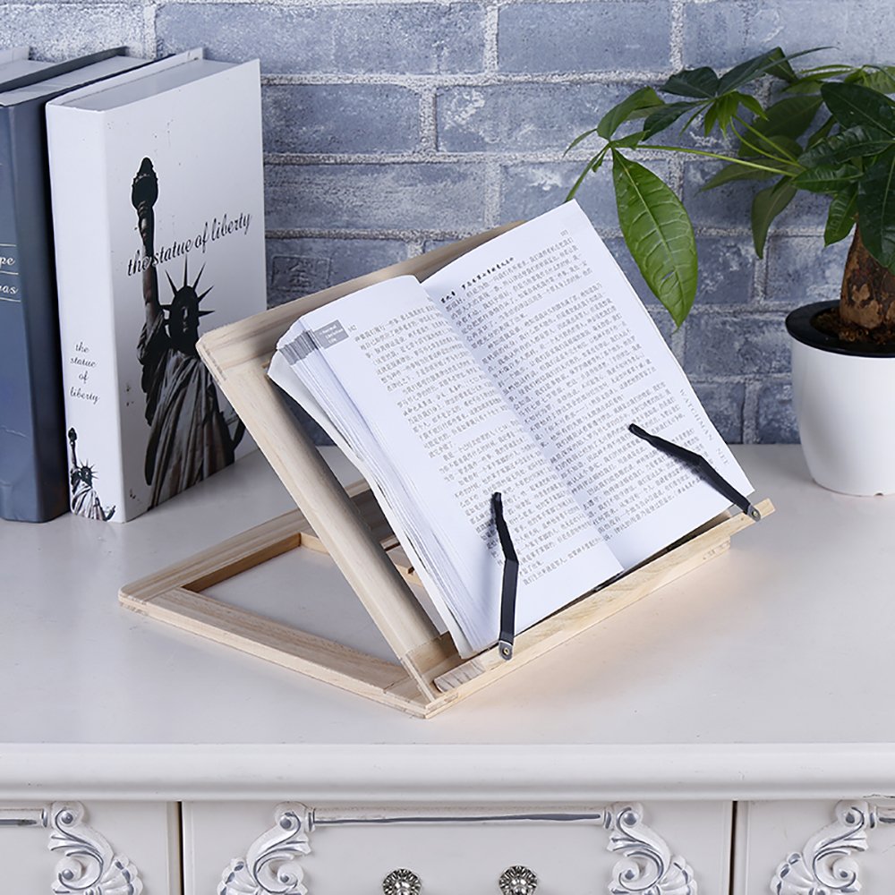 Desktop Wood Bookstand - Adjustable Foldable Tray and Page Paper Clips-Cookbook Reading Desk Portable Sturdy Lightweight Book Holder Great for Cook Book, Studies, Tablet, Ipad and Laptop