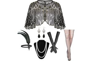 GOHOY 1920s Flapper Accessories Set, Roaring 20s Accessories Women Feather Headpiece Necklace Earrings Long Gloves,Black Gold