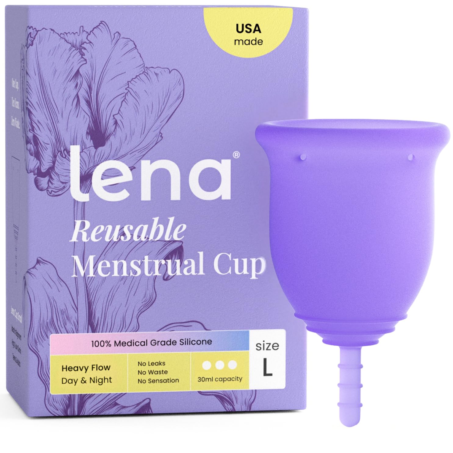 Lena Menstrual Cup Original – Reusable Silicone Period Cup for Heavy Flow, 12-Hour Leak-Free Protection, Soft & Comfortable, Beginner-Friendly Design - Large, Purple