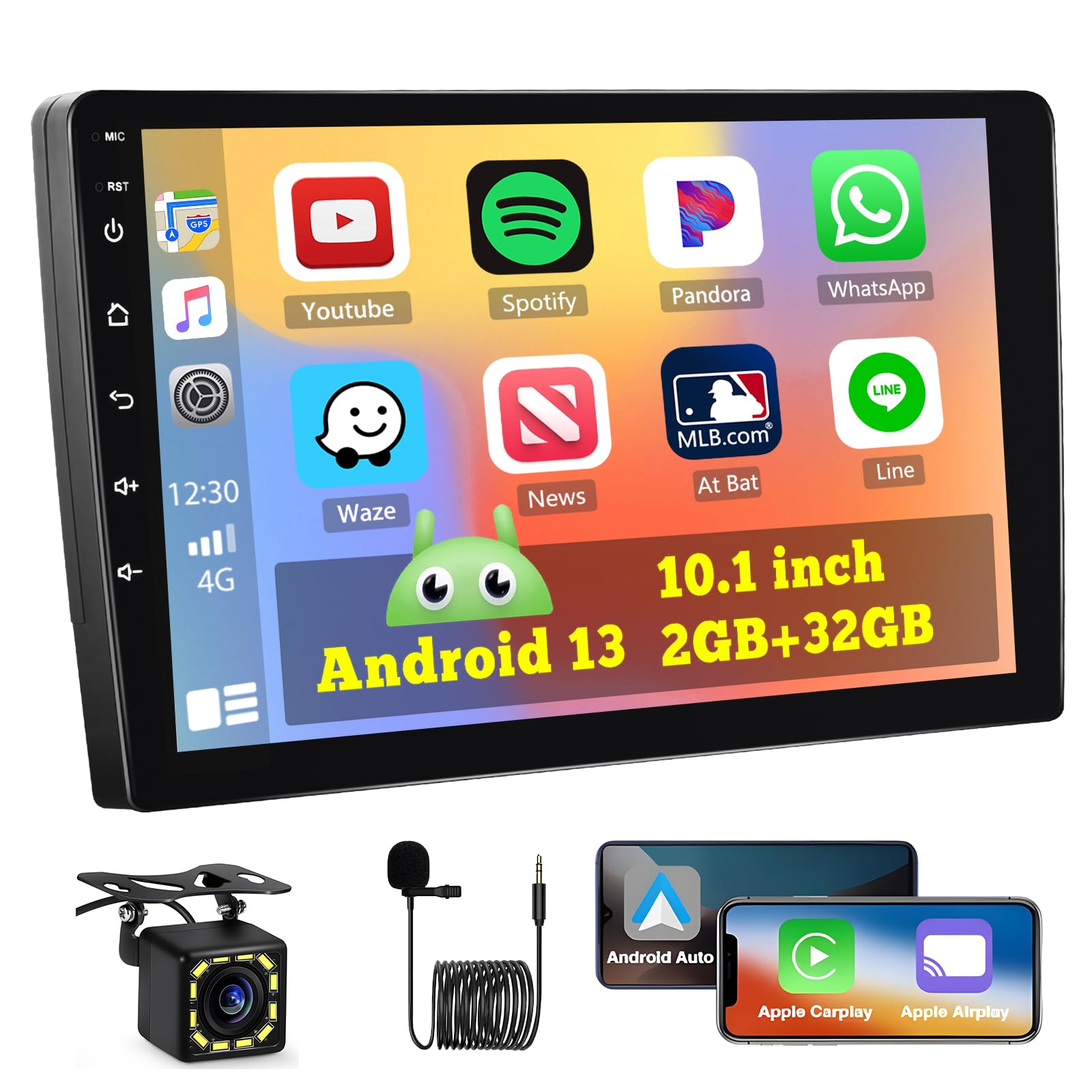 Photo 1 of Hikity Android Car Stereo Double Din, 10.1 Inch Touchscreen Wireless Carplay Android Auto Indash Radio with GPS Bluetooth FM WiFi Mirror Link SWC + Backup Camera/Microphone
