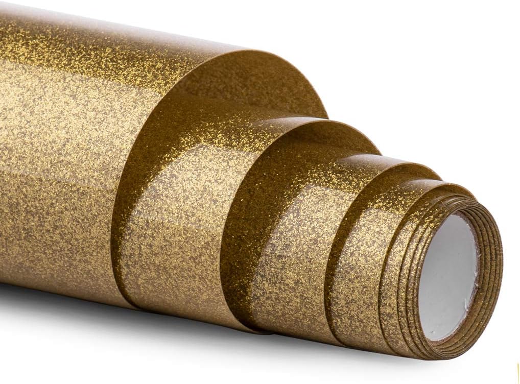 Glitter HTV vinyl - 12" x 5ft PU Heat Transfer Vinyl roll, Iron On Vinyl for Cricut & Silhouette Cameo Easy to Cut & Weed, Durable, Vibrant Color Design for T-Shirt and Other Textiles (Gold)