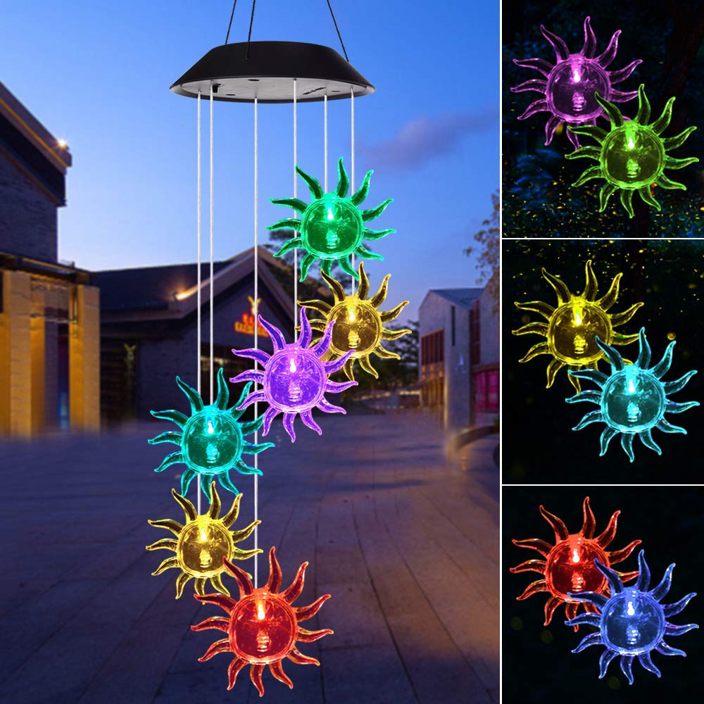 Solar Wind Chimes Outdoor, Color Changing Solar Wind Chimes Light,, Waterproof Hanging Decorative Lamp for Home Garden with Hook (Sun-Shaped)