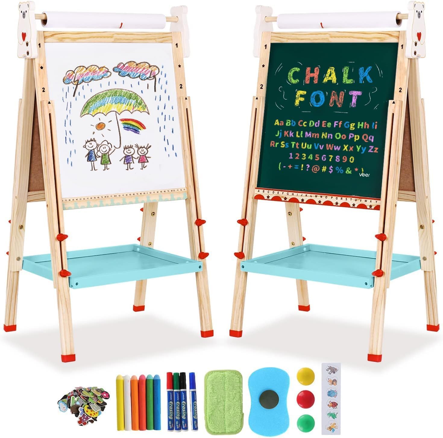 Kids Easel with Paper Roll Double-Sided Whiteboard Chalkboard Height Adjustable Standing Easel 68-114cm Wooden Art Easel with Numbers and Other Accessories Drawing Board for Boys and Girls (Bear)
