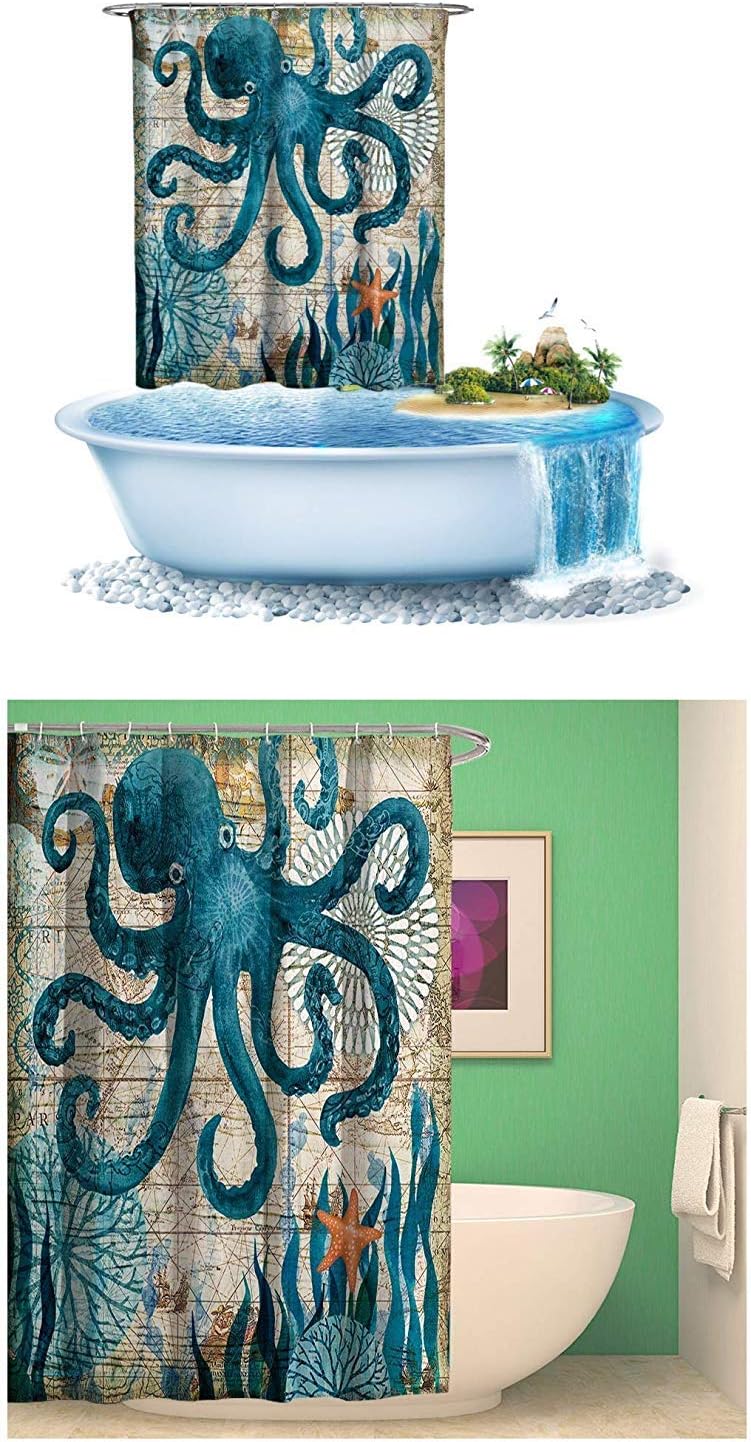 Ruiuzioong Bathroom Shower Curtain Ocean Creature Landscape Fabric Bathroom Curtain Durable Waterproof and Mildew Resistant Bath Curtain Sets with 12 Hooks (Octopus, 71 * 71inch) - Image 4
