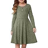 YOVION Girls Fall Long Sleeve Crew Neck Button Down Casual Flared A-Line Ribbed Knit Dress with Pockets for 6-12 Y