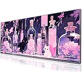 Cute Anime Cat Gaming Mouse Pad Pink Kawaii Large Desk Mat, 31.5x11.8 Inch Mousepad Extended Non-Slip Rubber Base Keyboard Mat with Stitched Edges for Desk Home Office