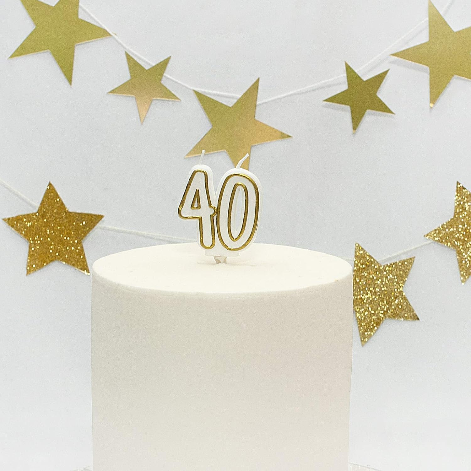 Age 40 Milestone Birthday Cake Candle, White/Gold - Image 5