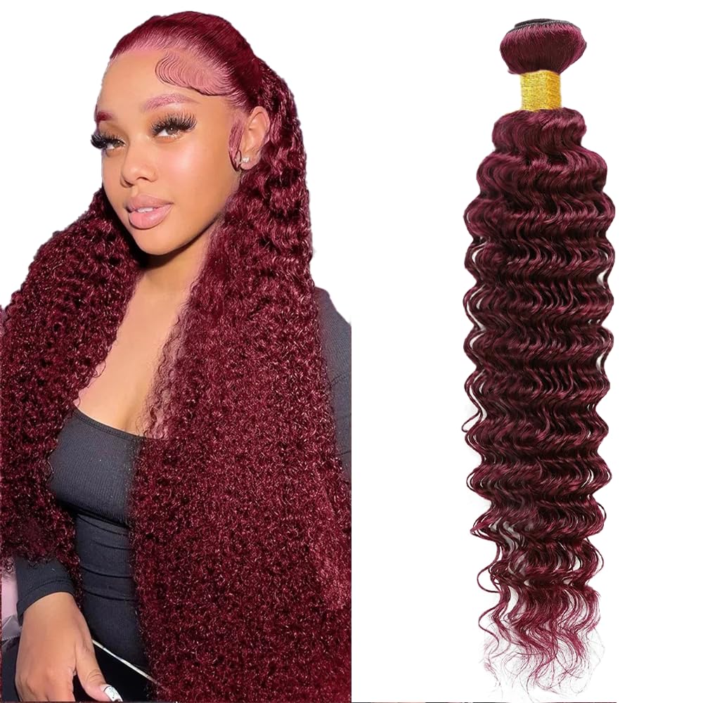 Photo 1 of #99J Burgundy Bundles Human Hair Deep Wave Bundles 28 Inch 1 Bundle Unprocessed Brazilian Virgin Hair Wine Red Deep Wave Human Hair Extensions