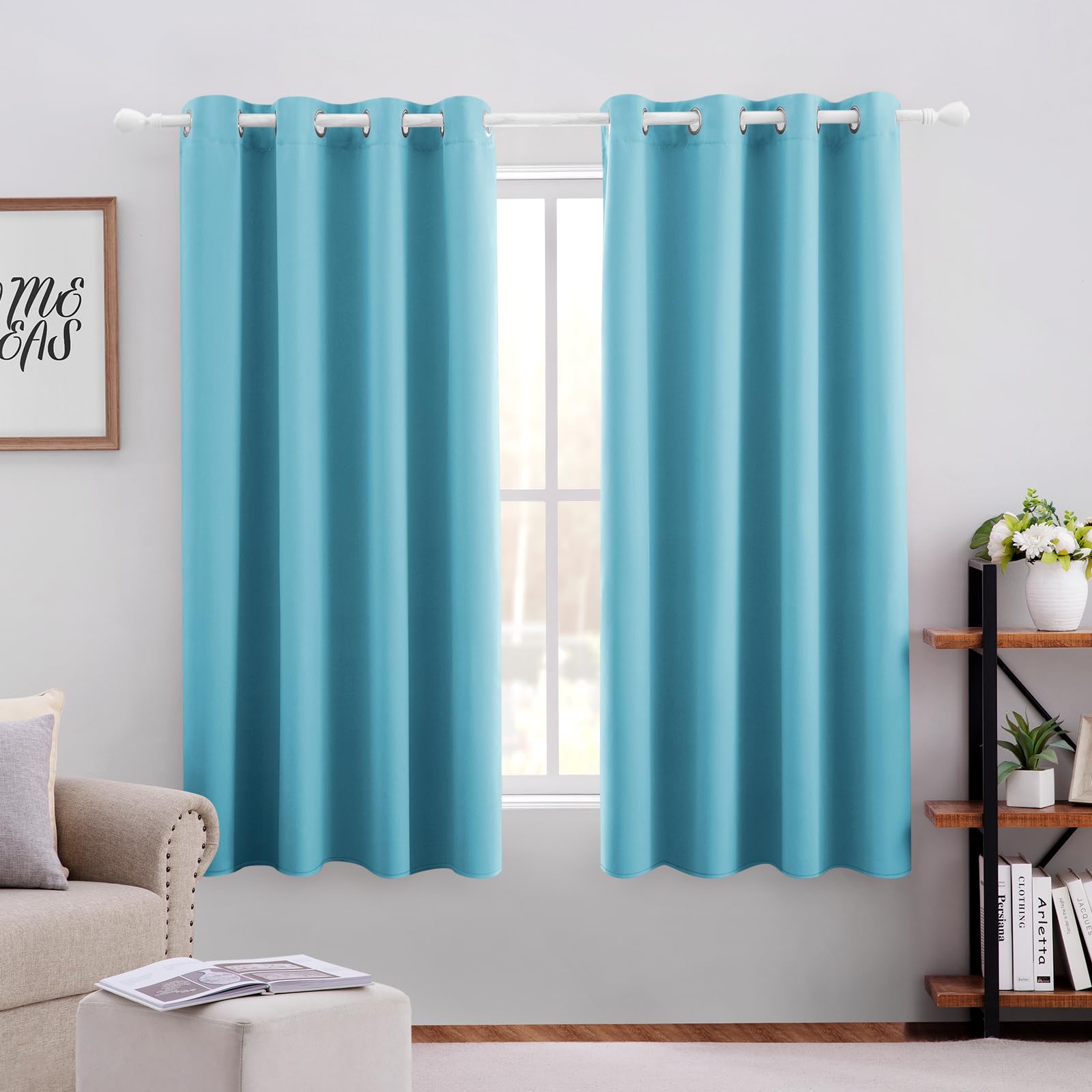 HOMEIDEAS Teal Blue Blackout Curtains 2 Panels 52 X 63 Inch Drop Room Darkening Eyelet Curtains for Bedroom, Thermal Insulated Light Blocking Window Drapes
