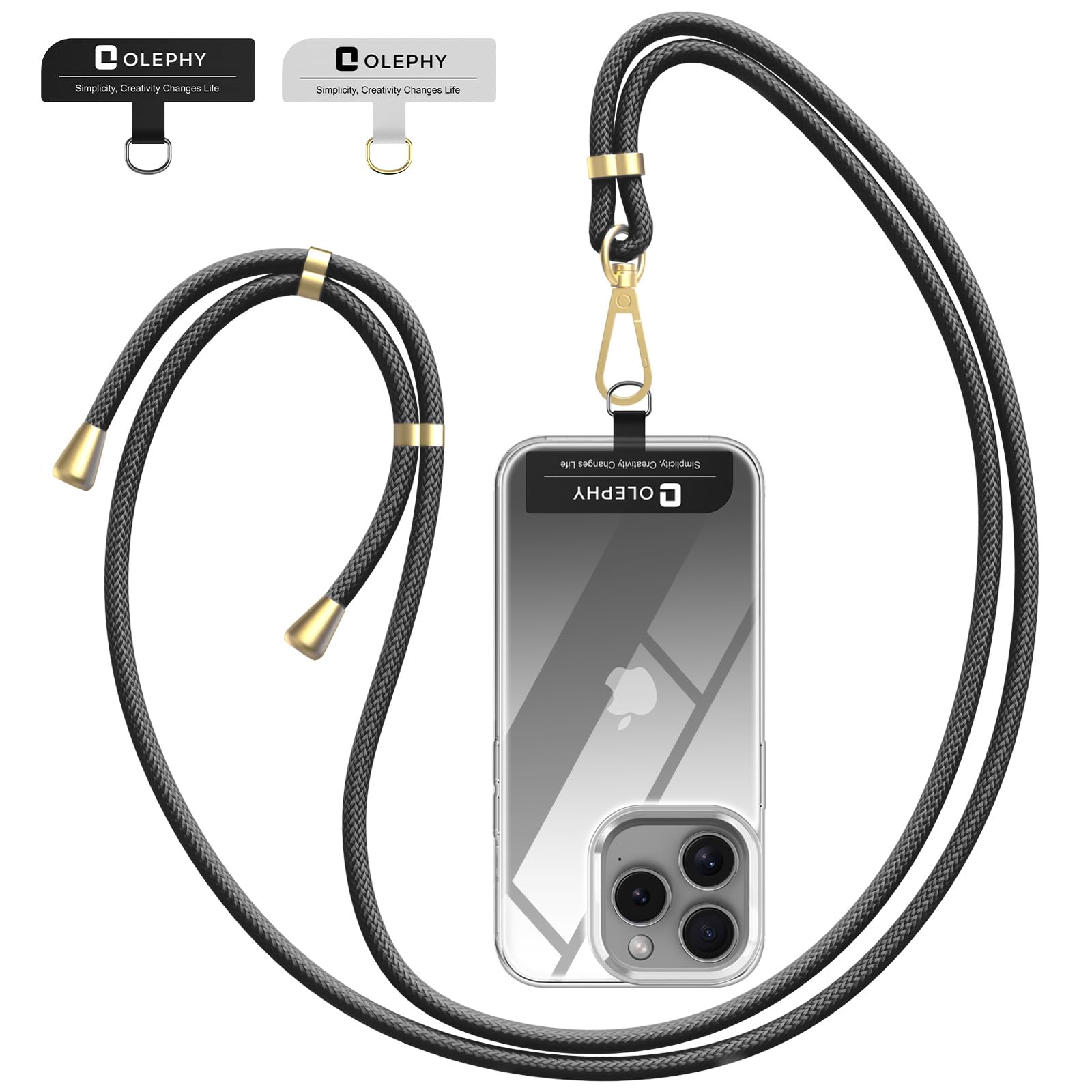 OLEPHY Crossbody Phone Lanyard Strap with 2 Pack Patchs, Adjustable Universal Nylon Neck Strap Compatible with Most Smartphones and Cases, Black — image 1