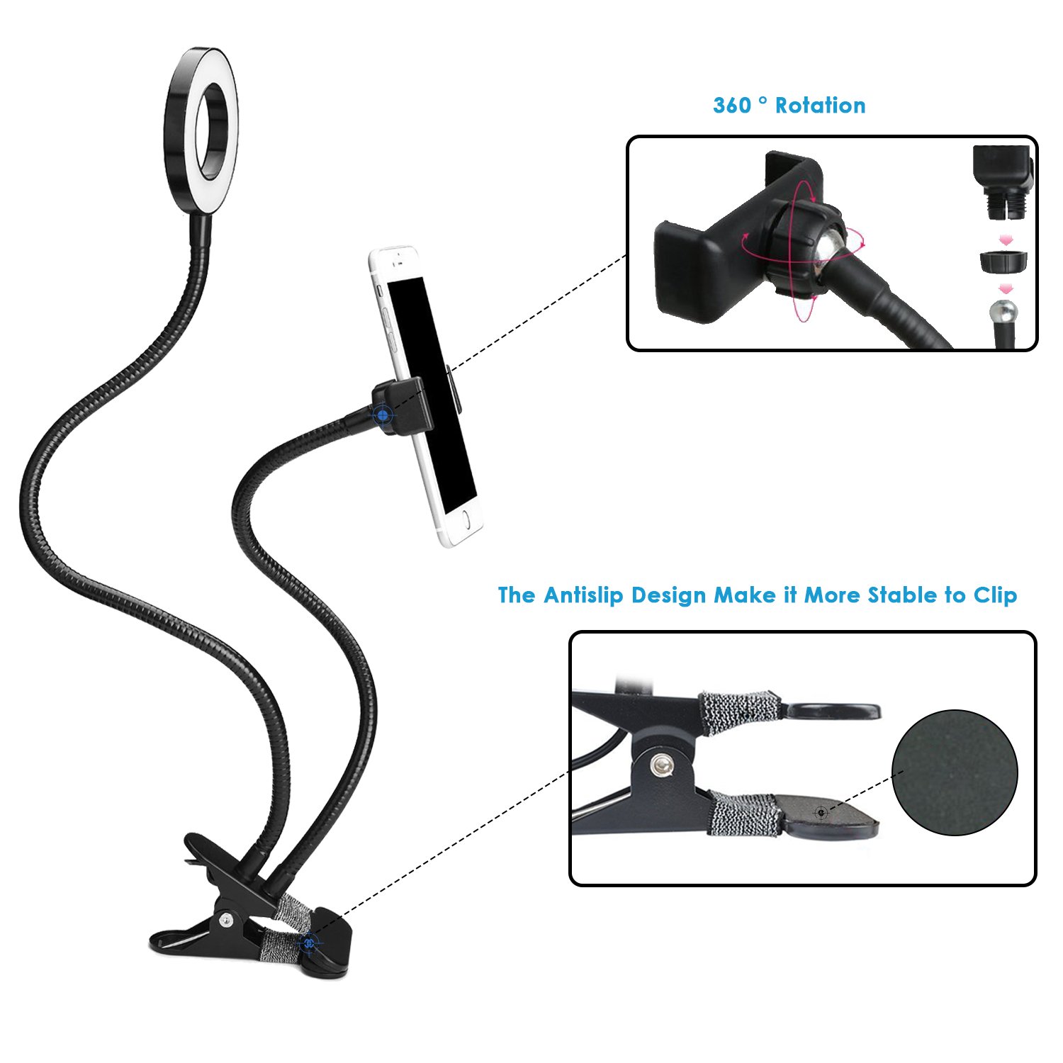 SHEKAR Dimmable Selfie Ring light with Cell Phone Holder | Flexible Mobile Phone Clip Holder Lazy Bracket Desk Lamp with Clip| Perfect for Live Stream, Youtube, Facebook