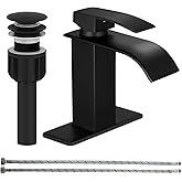 sagetta Waterfall Bathroom Sink Faucet Single Hole Black with Three Hole Cover Deck Plate, Pop up Drain and Water Hoses Stainless Steel Vanity