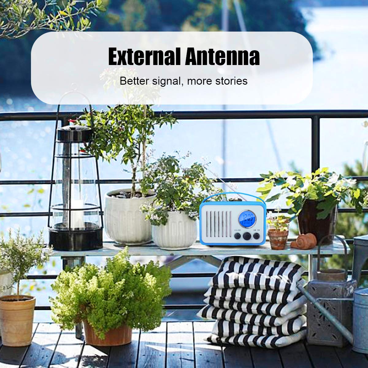 Retro AM/FM Radio, Portable Alarm Clock Radio with LCD Screen, External Antenna, Wooden Speaker Blue Leather Cover(Blue)