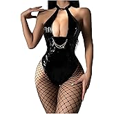 OYOANGLE Women's Faux PU Leather Cut Out Lace Up Halter Teddy Bodysuit Lingerie with Fishnet Stockings