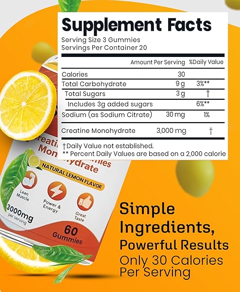 JUSTGUMMIES CREATINE MONOHYDRATE GUMMIES 3000 MG PER SERVING | CREATINE INFUSED GUMMIES TO INCREASE STRENGTH AND BUILD MUSCLE, VEGAN, LEMON FLAVOR, 60 COUNT