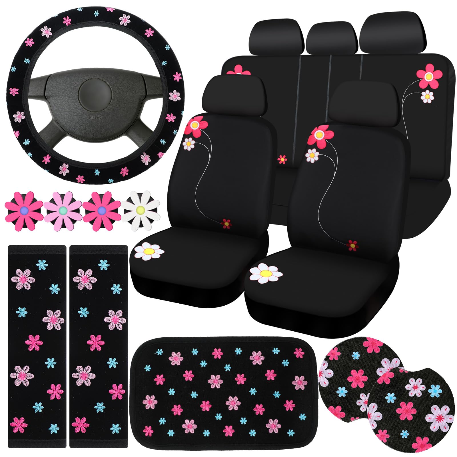 Photo 1 of BBTO 19 Pcs Embroidery Cute Car Accessories Set Include Seat Covers, Steering Wheel Cover, Air Vent Clips, Cup Mats, Center Console Pad, Seat Belt Cover for Women Car Decor(Flower)