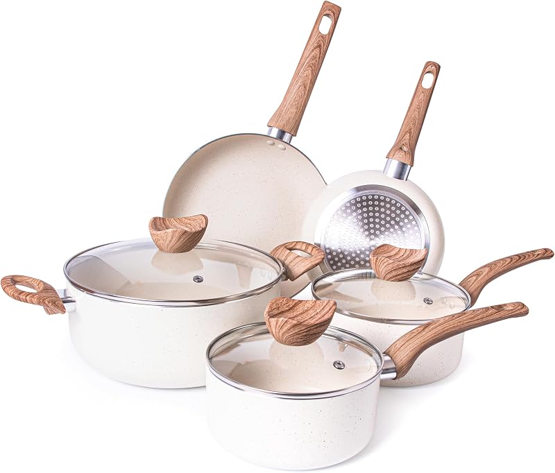 Nuovva Non Stick Pots and Pans Set 8pc Induction Granite Coating Cream