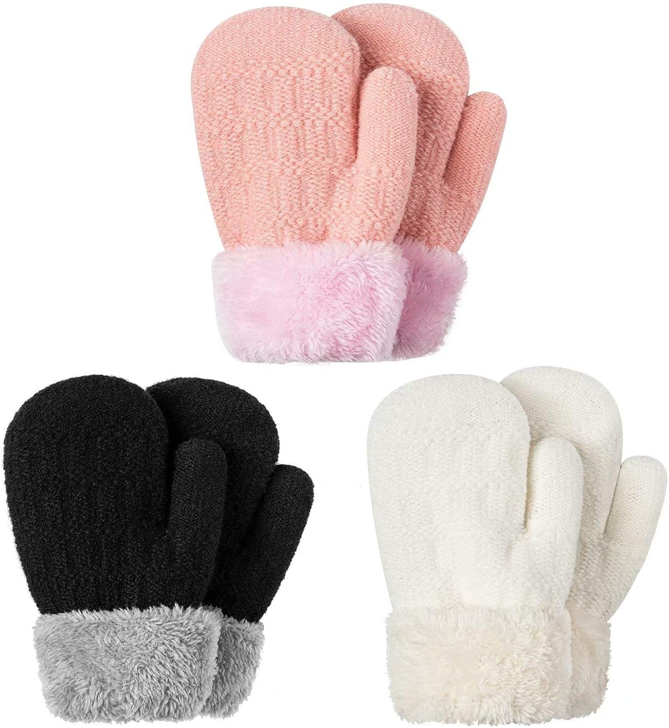 Winter Mitten Gloves For Baby Kids Toddler Infant Newborn, Cute Warm Fleece Lined Knit Thick Thermal Gloves For Boys Girls (Black&Pink&White): Clothing